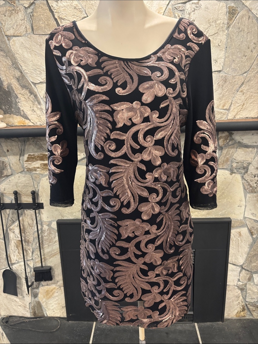 le chateau Black Dress with Rose Gold Sequin Scrolls